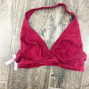 NWT Victoria Secret Lace Halter Bralette Womens M Red Floral Mesh Plunge Cherry